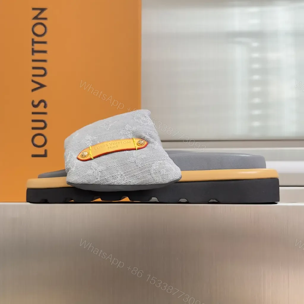 View 9 of Soft Denim Monogram Slides with Leather Accent — Everyday Luxury