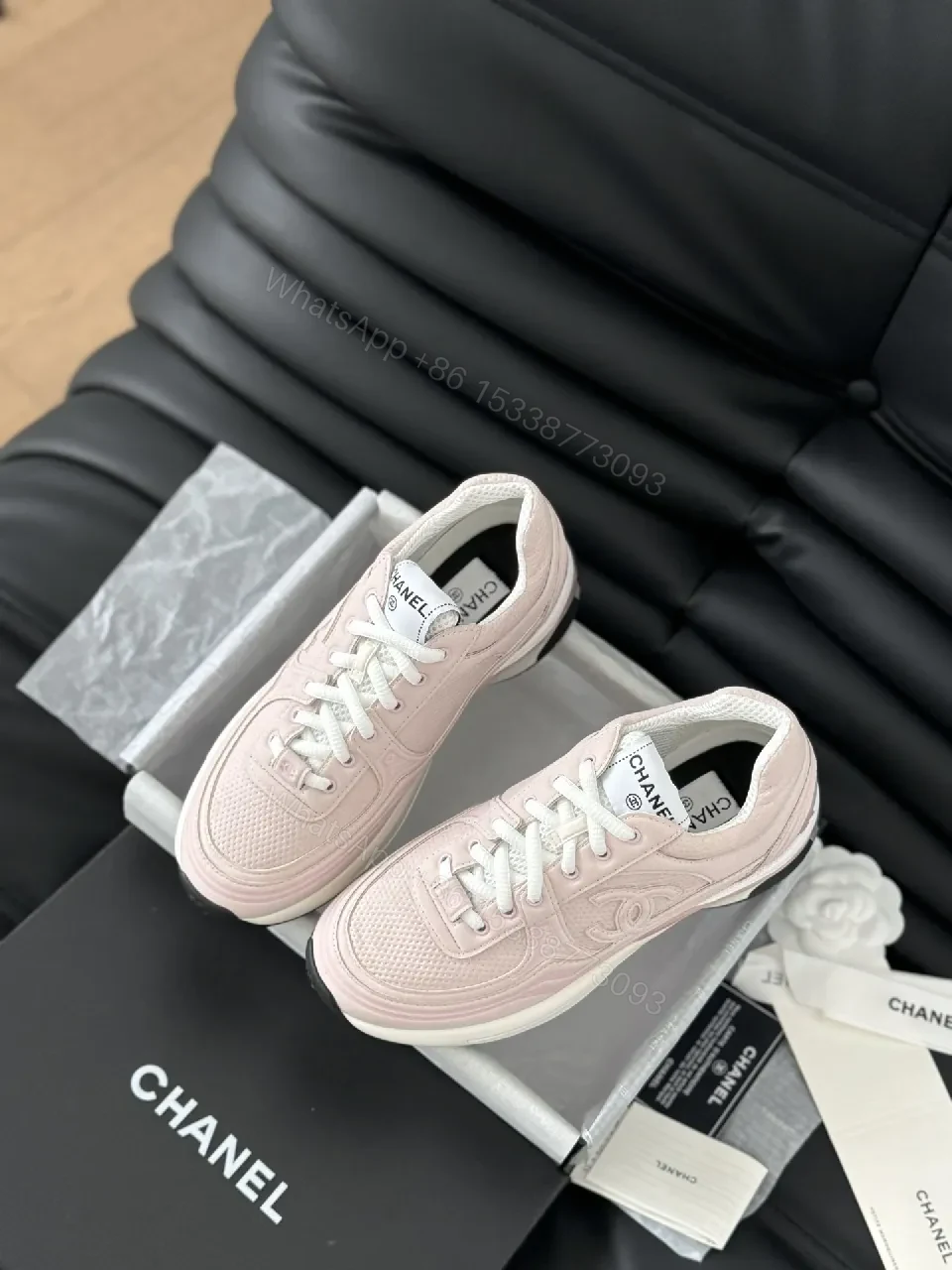 View 5 of Soft Pink Leather Sneaker - Subtle Couture Texture, Everyday Luxe, High-Top