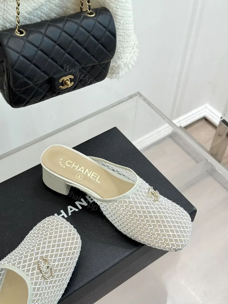 View 2 of White Mesh Mules Silver Heel Classic Chanel Style Slippers