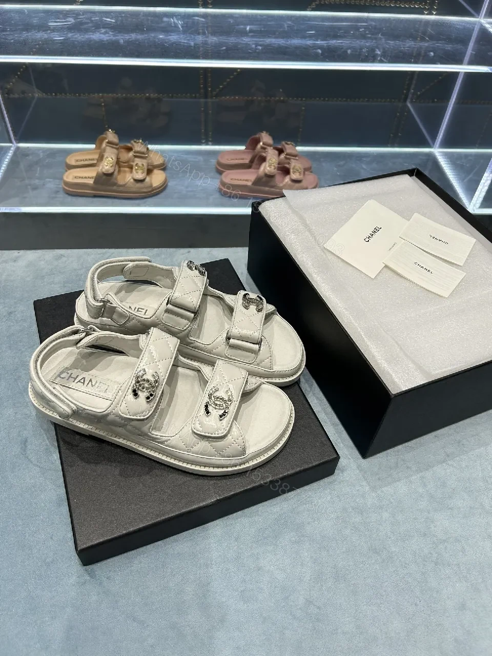 View 9 of White Quilted Leather Sandals with Crystal Accents - Lux Comfortable Sandals