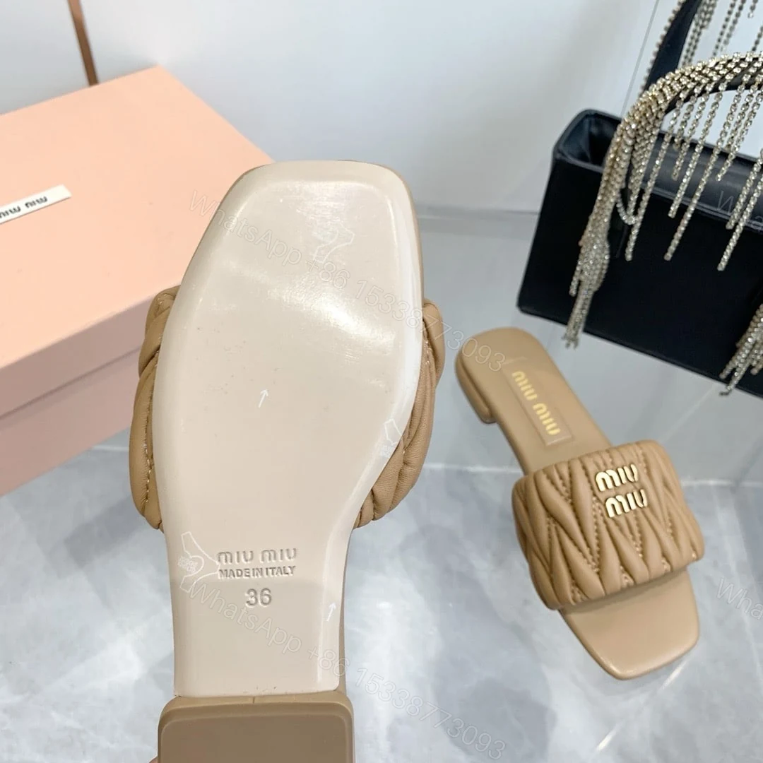 View 9 of MIUMIU MATELASSÉ NAPPA LEATHER SLIDES SAND BEIGE 5XX605 88T F0036 F 010
