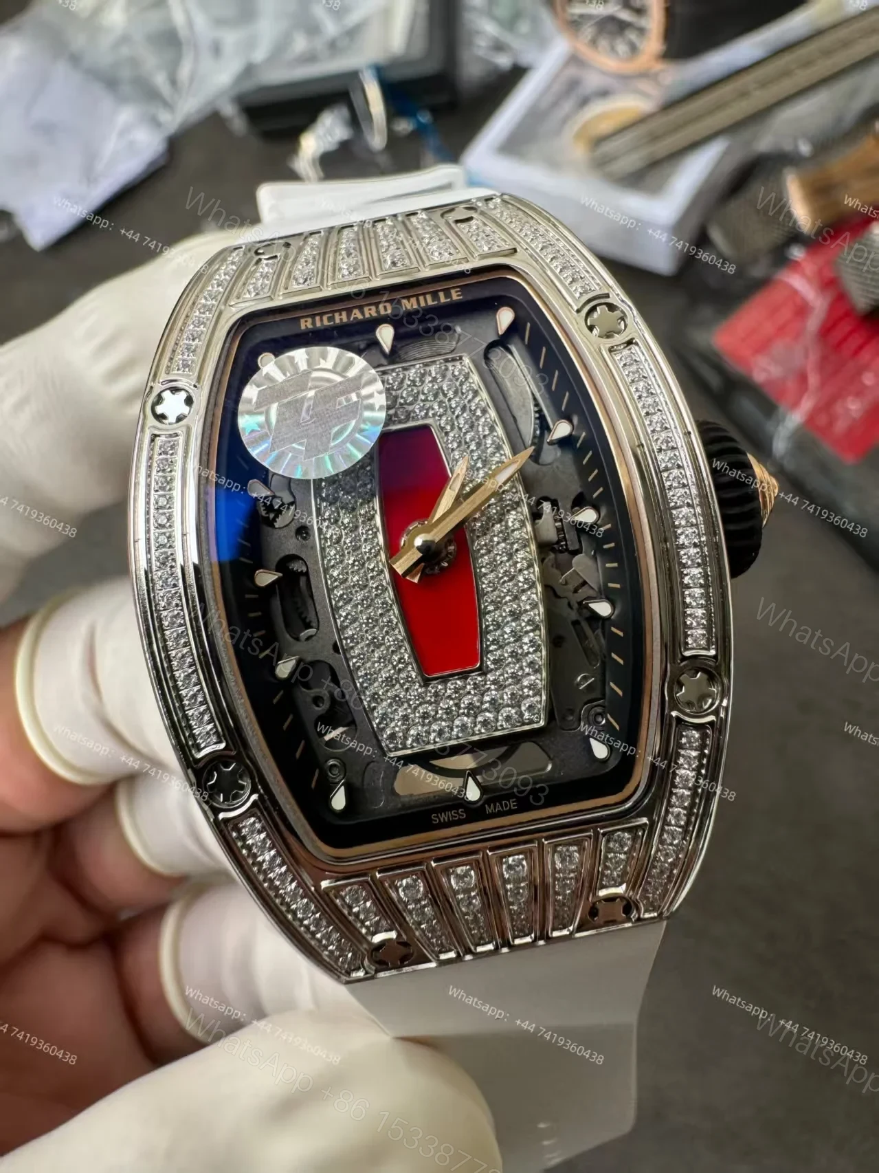 View 4 of Super Clone Richard Mille RM 07 Full Diamond 1:1 Replica Watch with White Rubber Strap