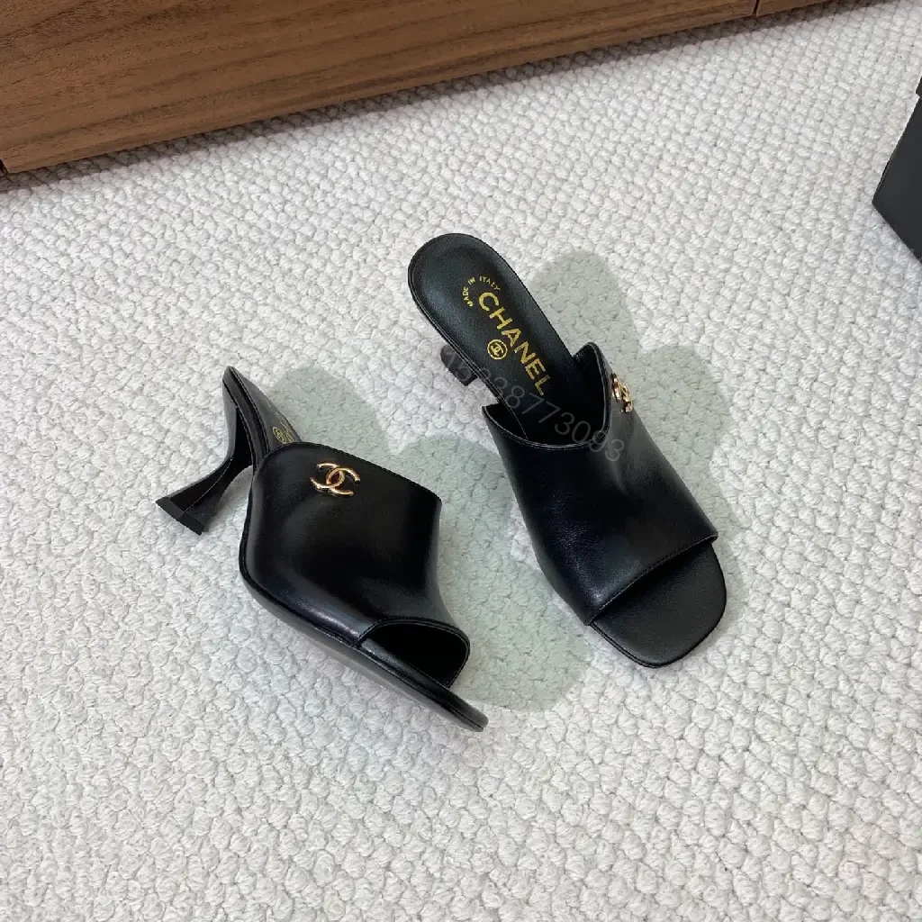 View 4 of Chic Black Leather Slide Heels – Luxe Comfort, Gold Hardware