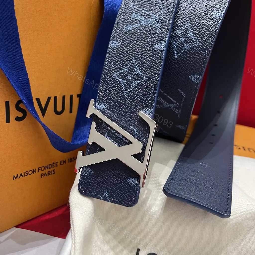 View 10 of Dark Blue/Black LV Patterned Canvas Belt with Bold Oversized Monogram Buckle