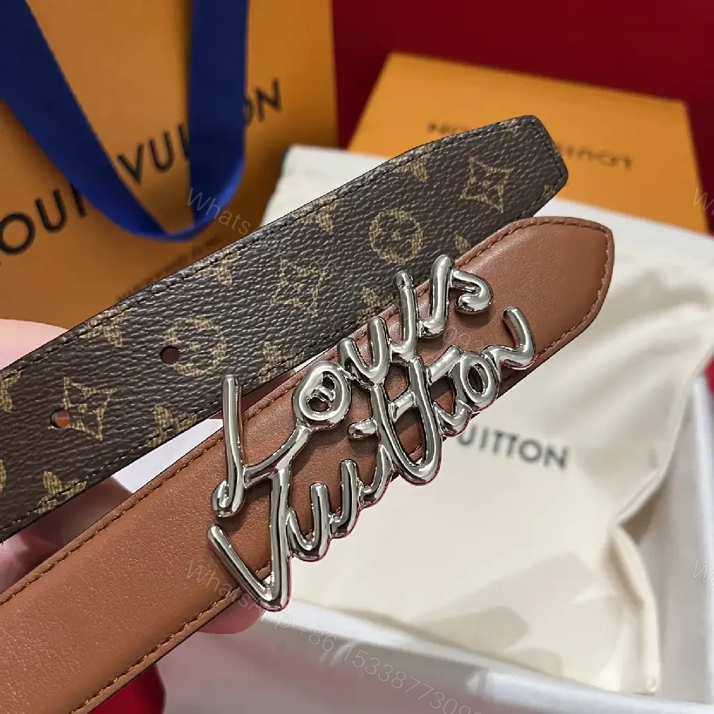 View 3 of Brown Leather Belt with Script Buckle – Modern Luxury Belt