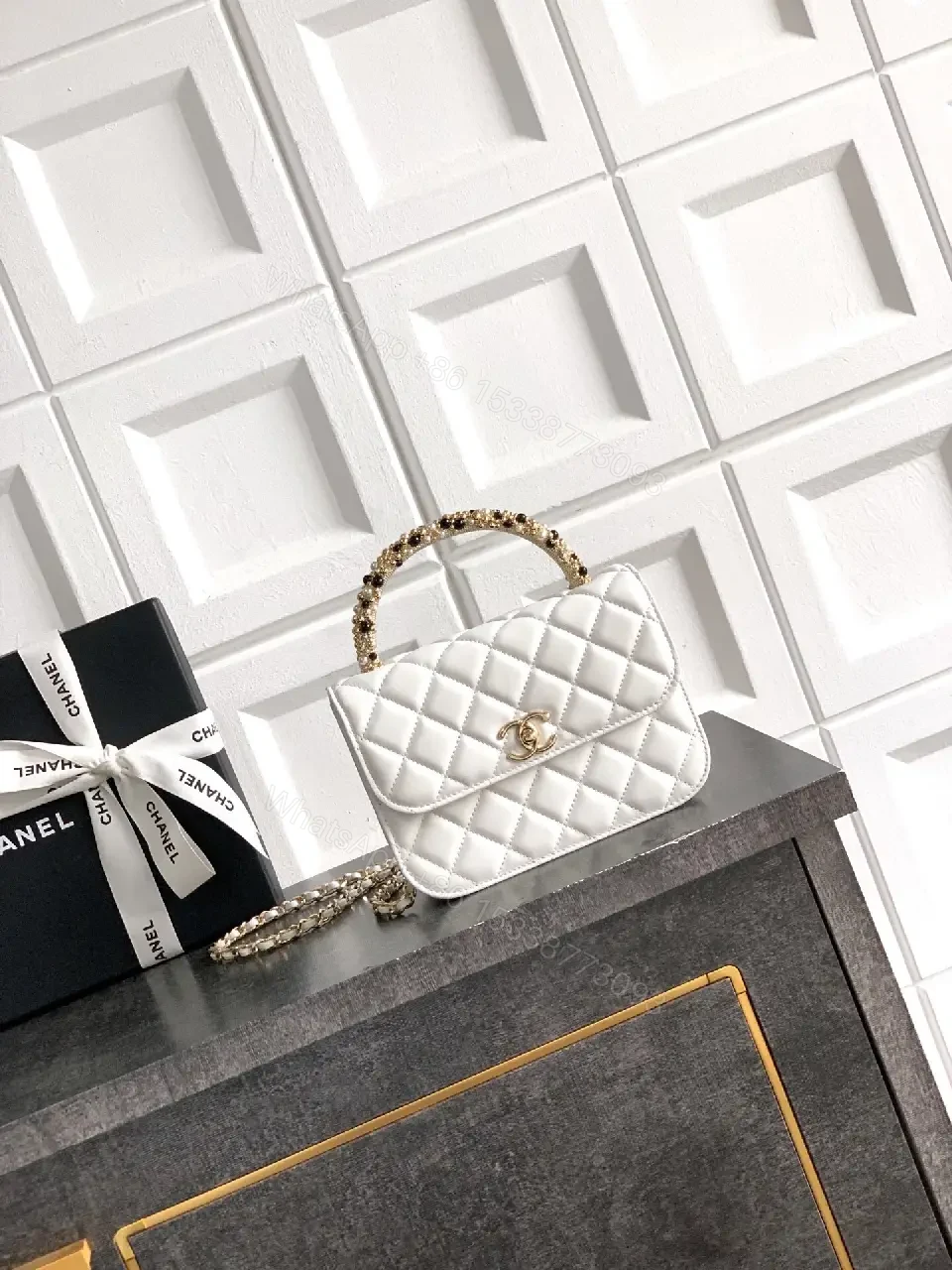 View 6 of Pearl-Chain Quilted Mini Bag - White Leather, Gold Accent, Crossbody Compact