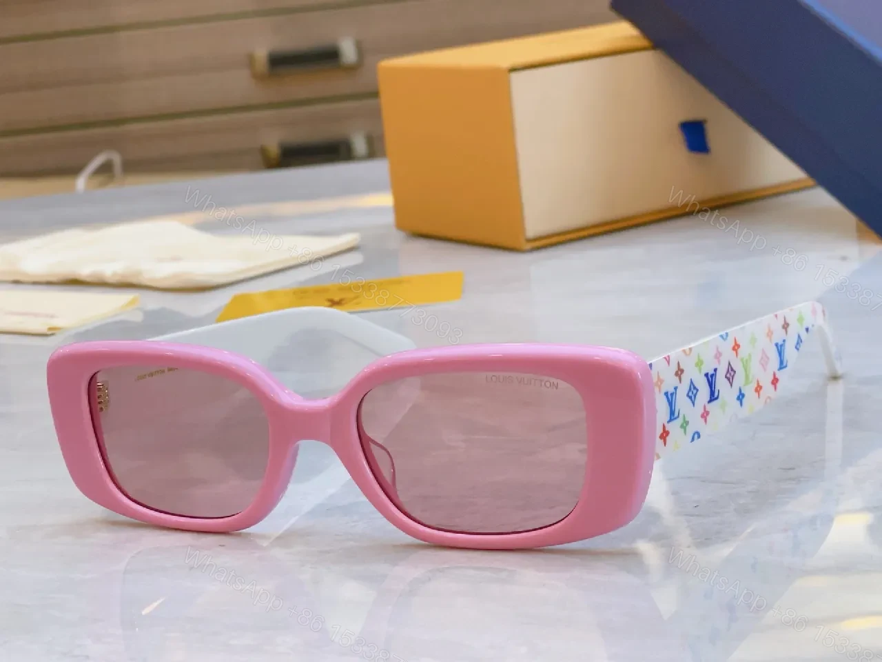 Pink Frame Sunglasses with Multicolor Strap — Bold Luxury Sunnies — view 1