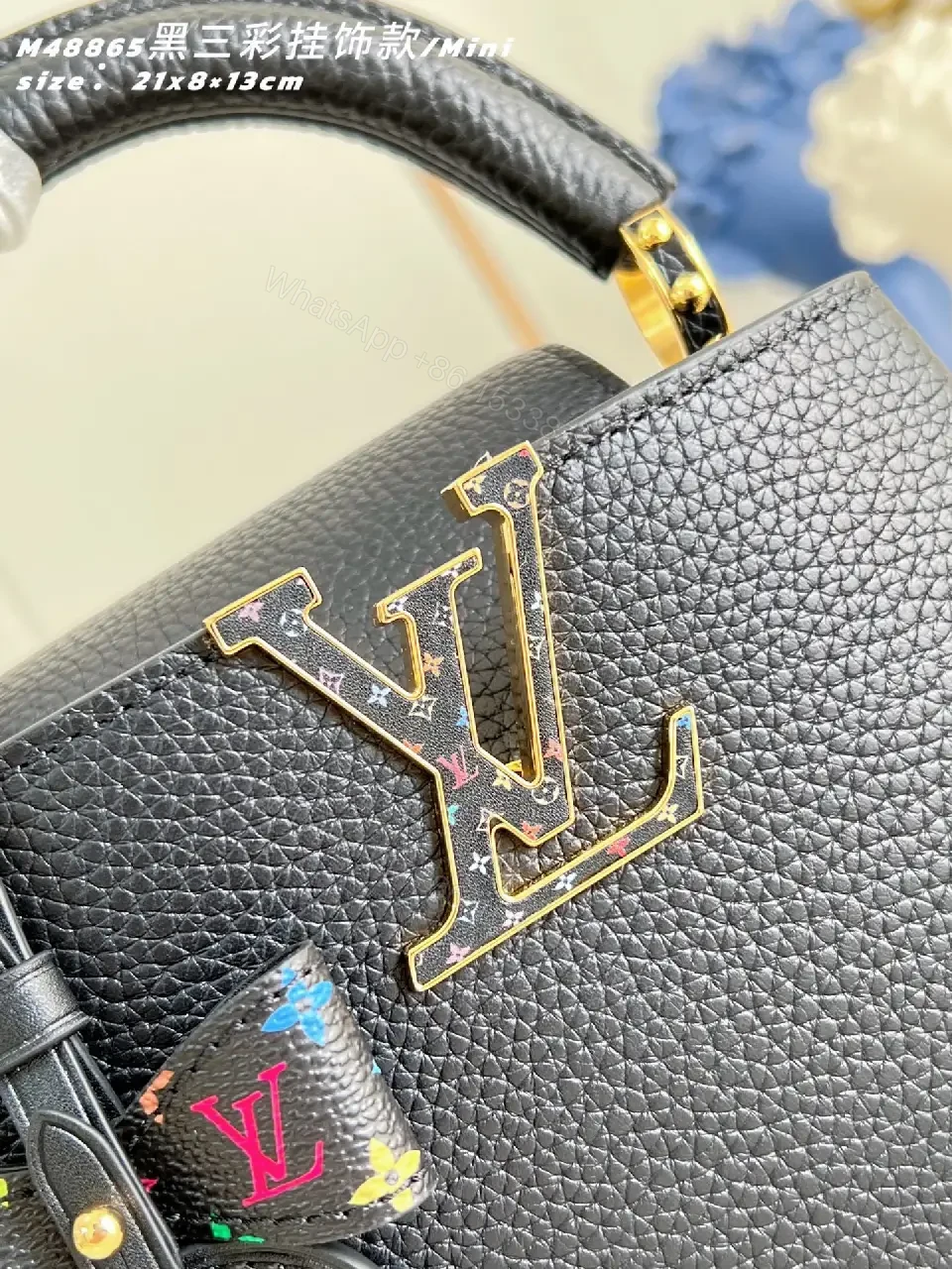 View 3 of Mini Black Satchel: Pebbled Leather, Gold Hardware, Bold Accent