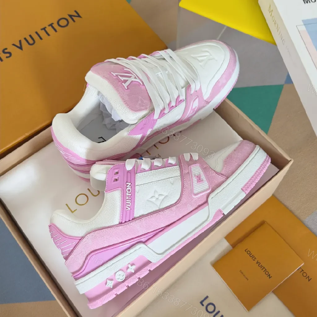 View 4 of Pink & White Luxe Sneaker: Comfort-First, LV-Style Detail