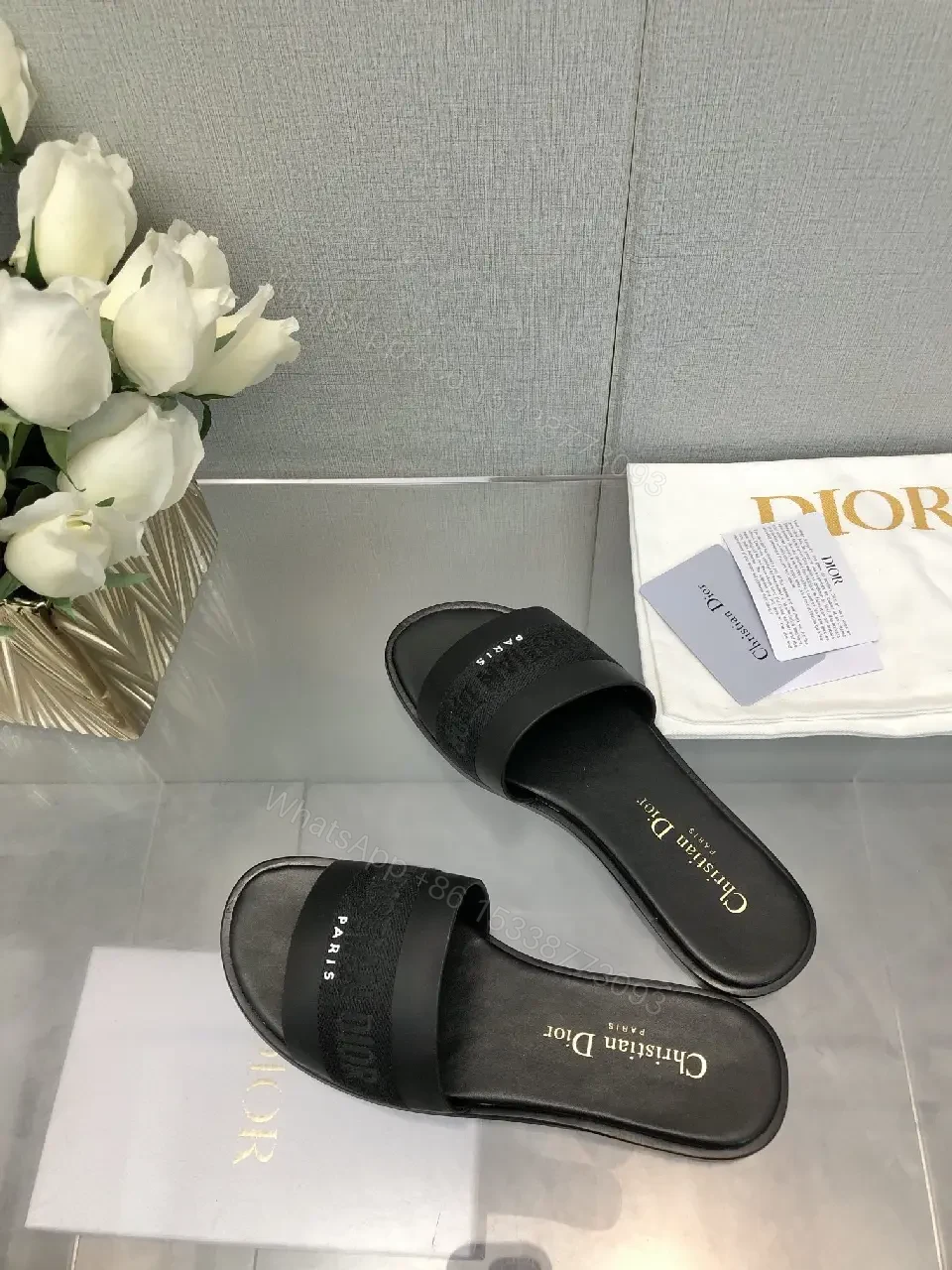 View 5 of Black Satin Strap Slide Paris Logo Sandals - Dior Style