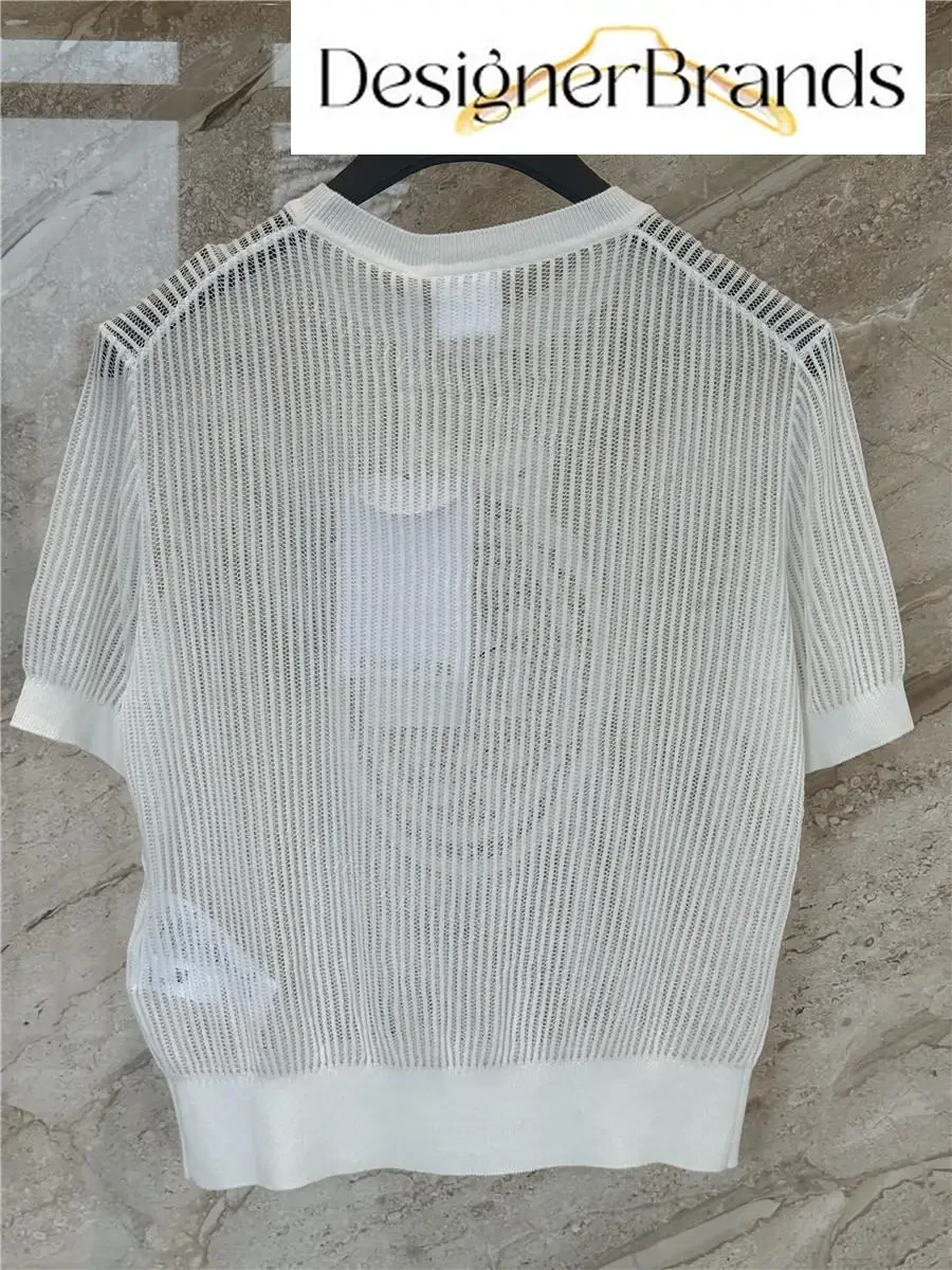 View 6 of White Knit Mesh Top with Dior Crest Embroidered Detail (No Brand Details)