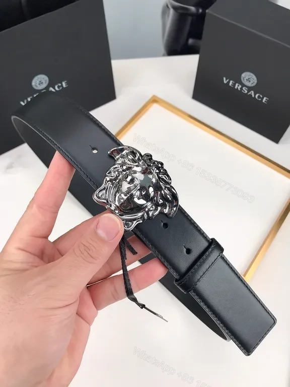 View 2 of Medusa Buckle Leather Belt: Premium Full-Grain Black Leather Belt