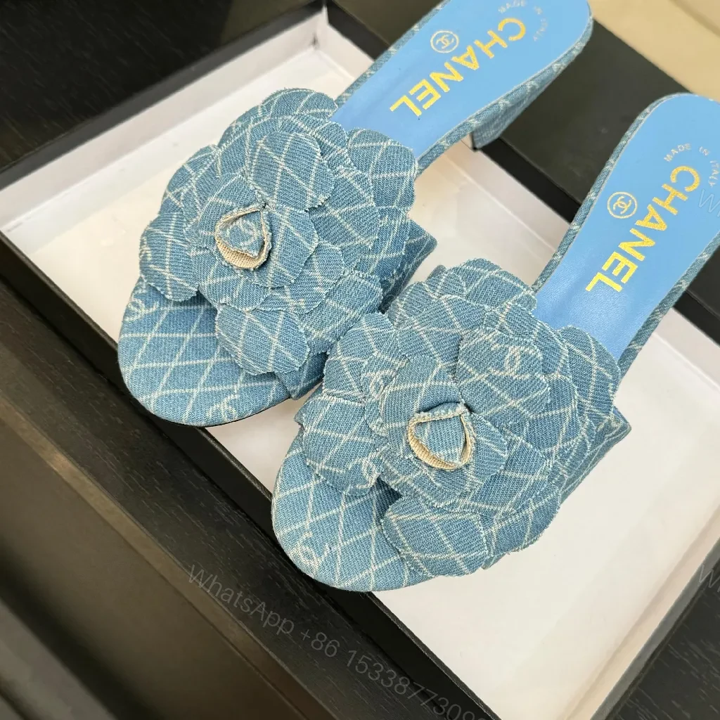 View 9 of Denim-Textured Mules with Floral Detail, Everyday Luxury Comfort