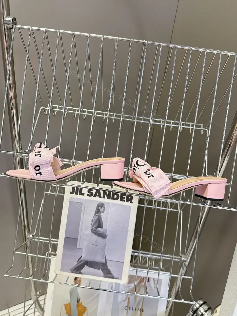 View 3 of Pink Leather Slide Sandals Dior Ribbon Bow Modern Glam Comfort Block Heel Sandal