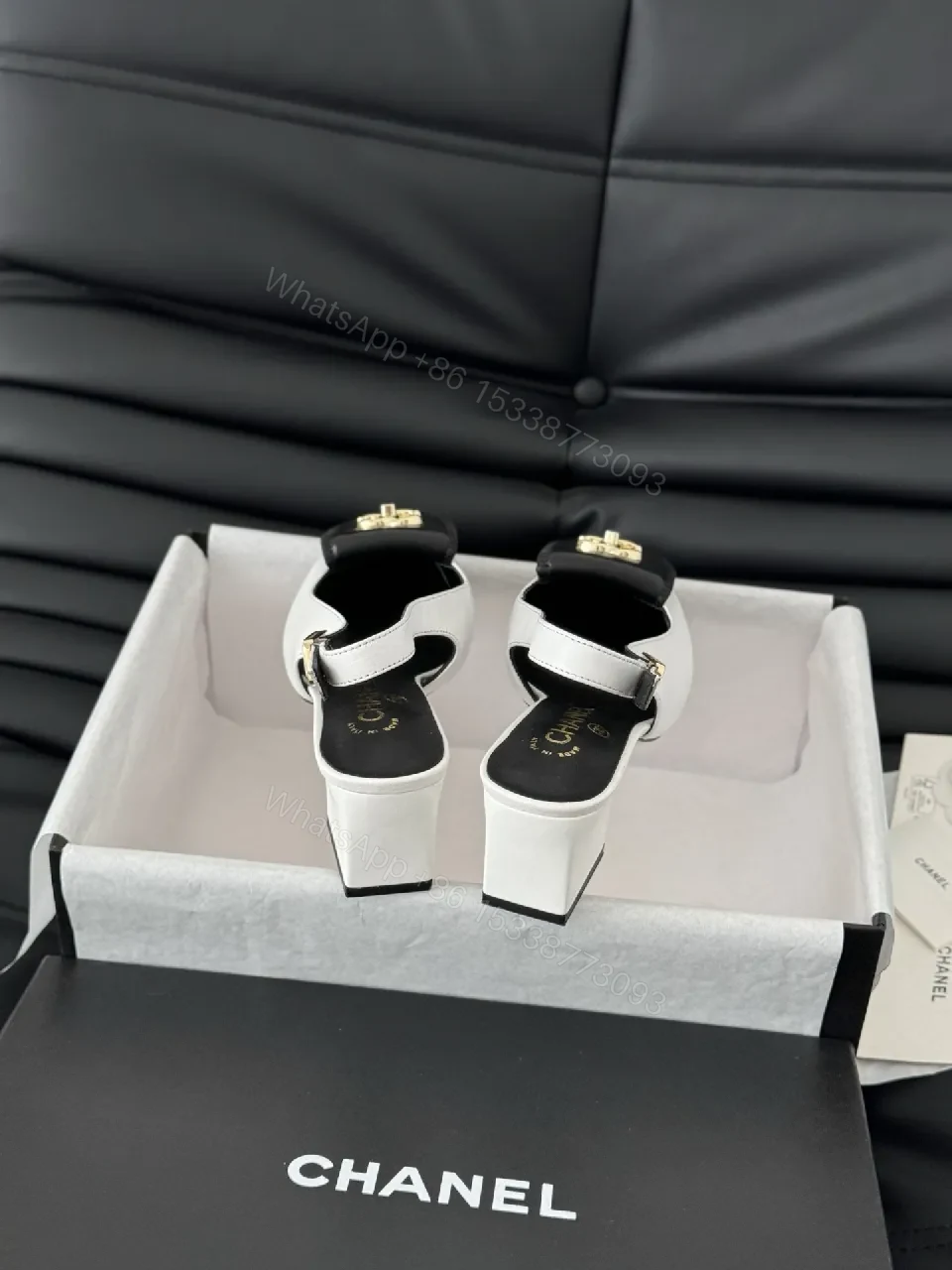 View 7 of Black & White Leather Slingback Pumps, Gold Accent, Square-Toe, Comfort Mid-Heel