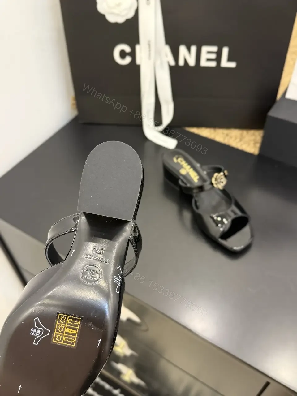 View 5 of Glossy Satin Mules with Crystal Rose Accent - Open-Toe, Low Heel