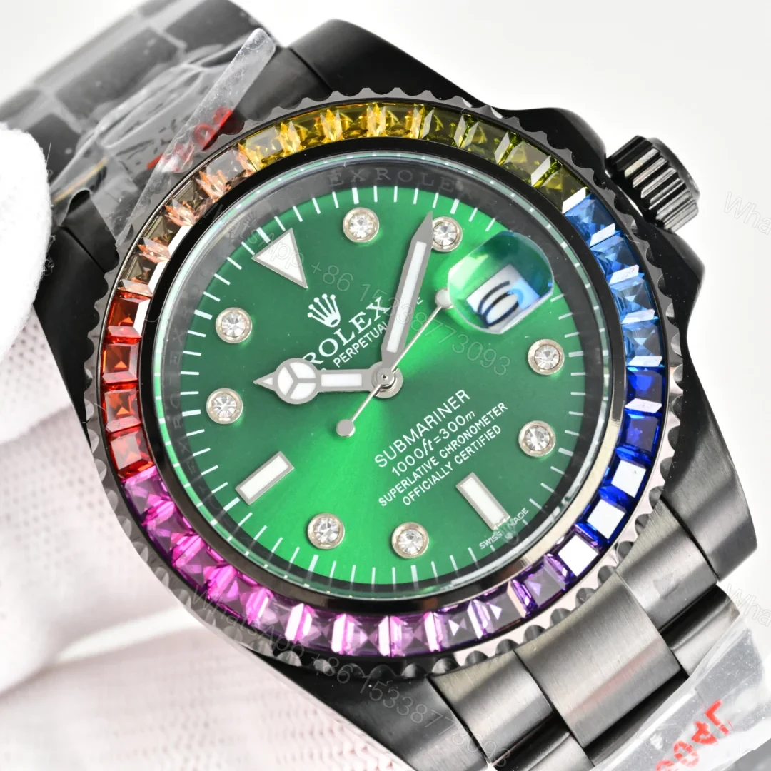 View 5 of Rolex Submariner Rainbow Bezel Replica 40MM Exclusive Green Dial Black Oyster Bracelet RG-ROLEX-SUB-RAINBOW-GREEN-40