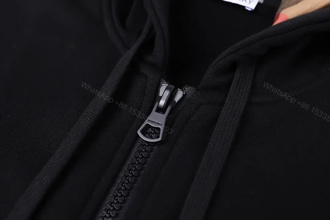 View 9 of Black Cotton Zip Hoodie with Burberry-Check Interior