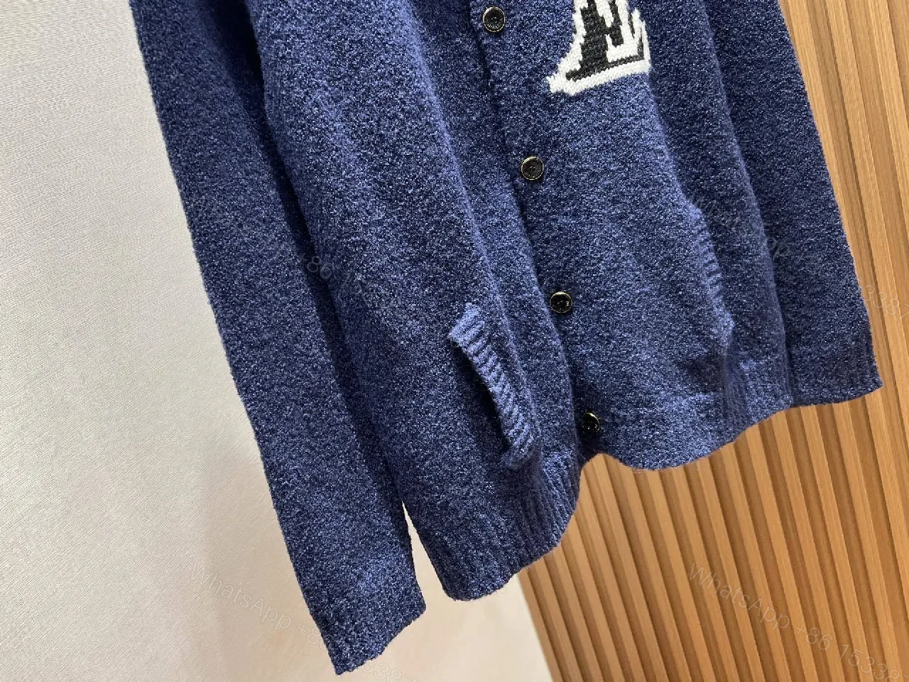 View 9 of Textured Knit Cardigan Navy Bouclé Monogram Accent Luxury Knitwear