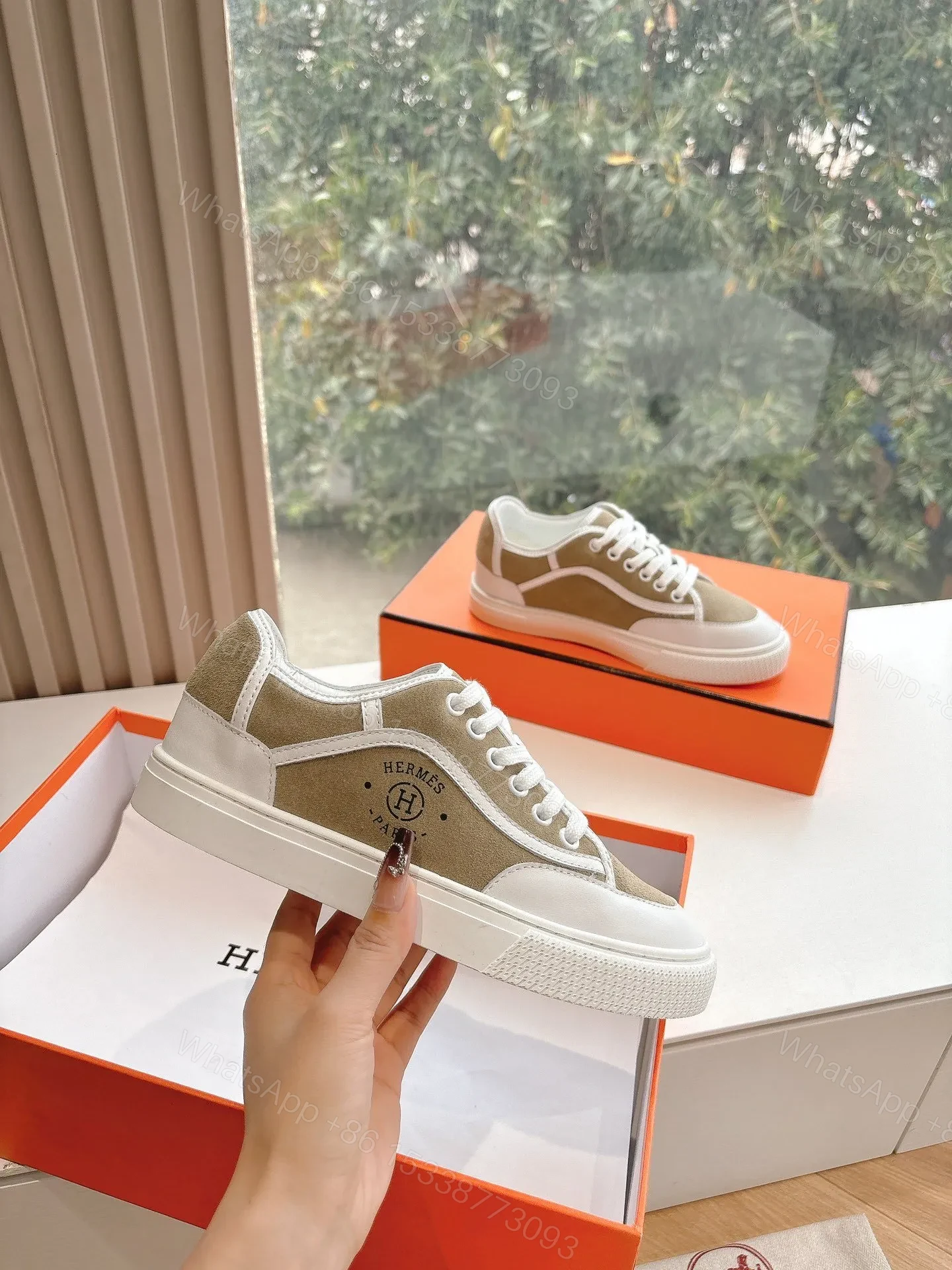 View 4 of Hermes Women Beige Suede White Leather Sneakers