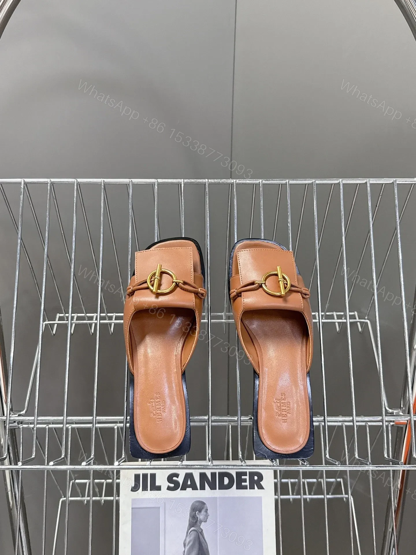View 2 of Hermes Women Brown Leather Flat Mules