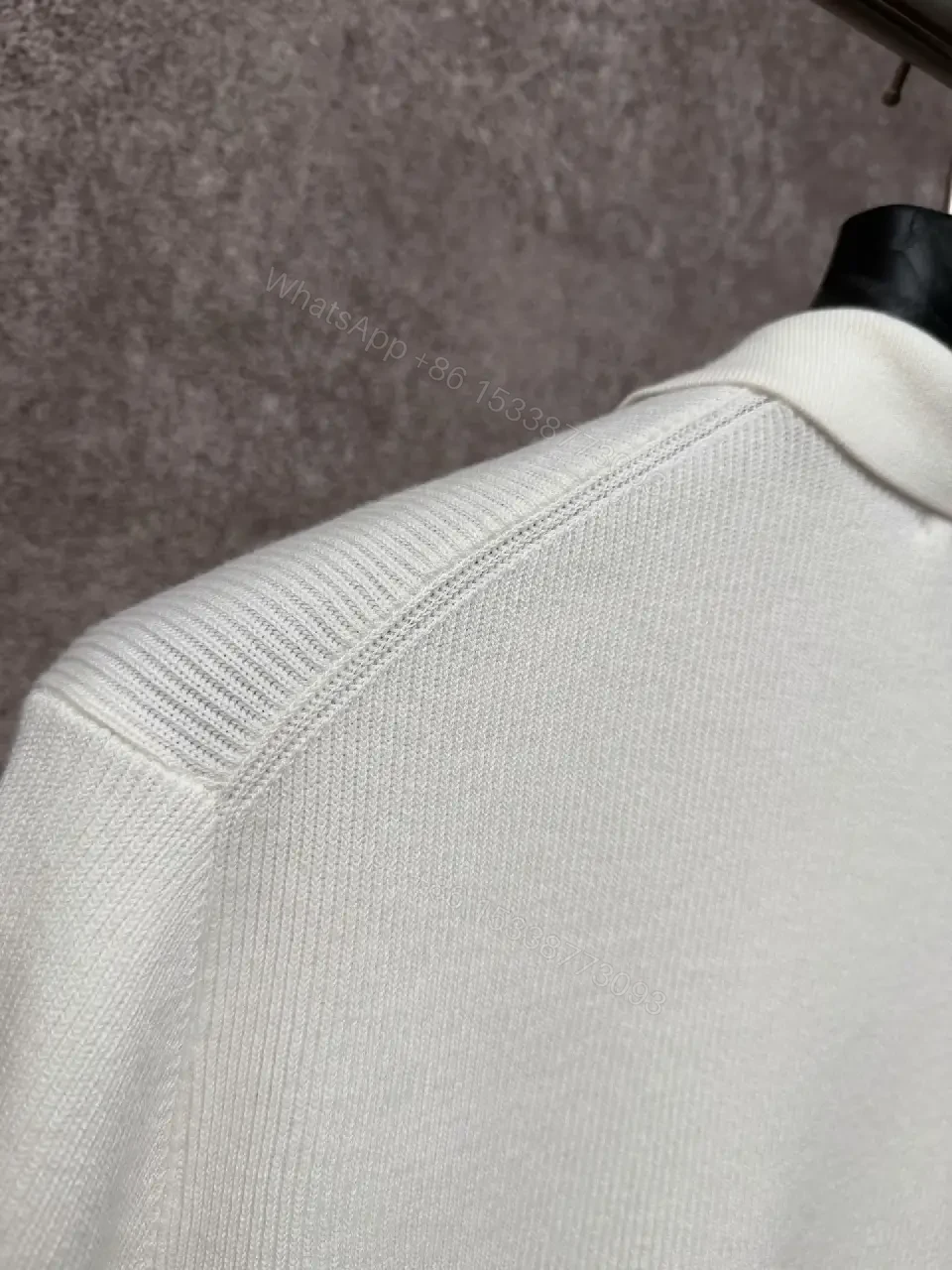 View 6 of Off-White Cream Ribbed Knit Polo Sweater, Short Sleeve, Drop-Shoulder