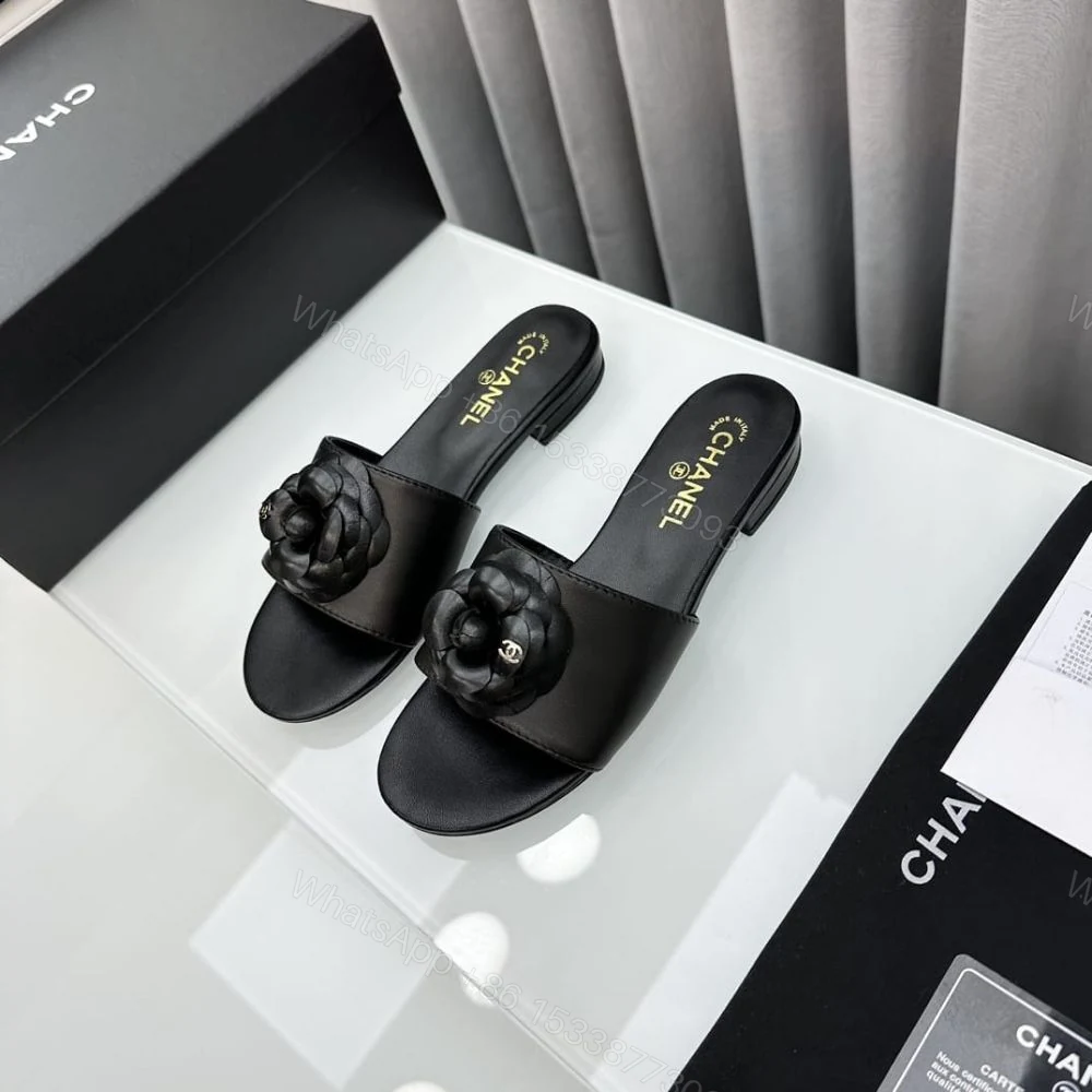 View 2 of Chanel Black Camellia Slide Flat Sandals