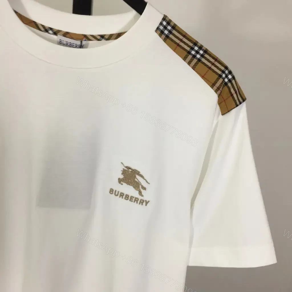 View 8 of Casual Luxe Tee: White Cotton with Plaid Shoulder Accents
