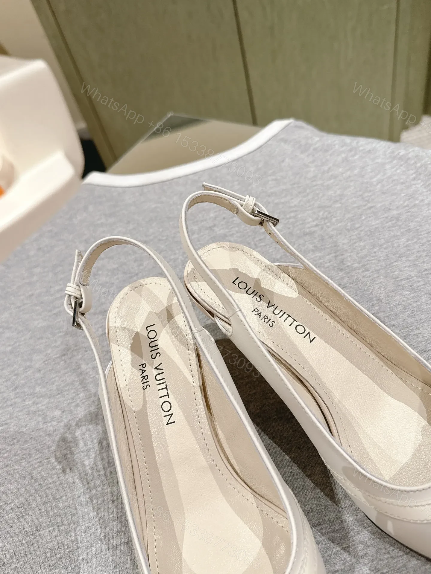 View 5 of LV Women White Leather Pointed Slingback Heels