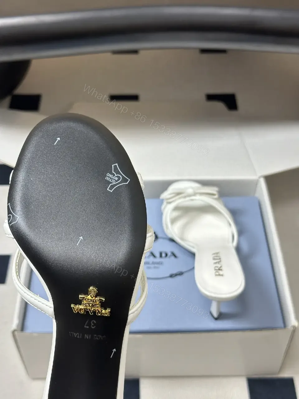 View 6 of White Leather Sandals Shoes with Knot Straps - Prada Style Heels
