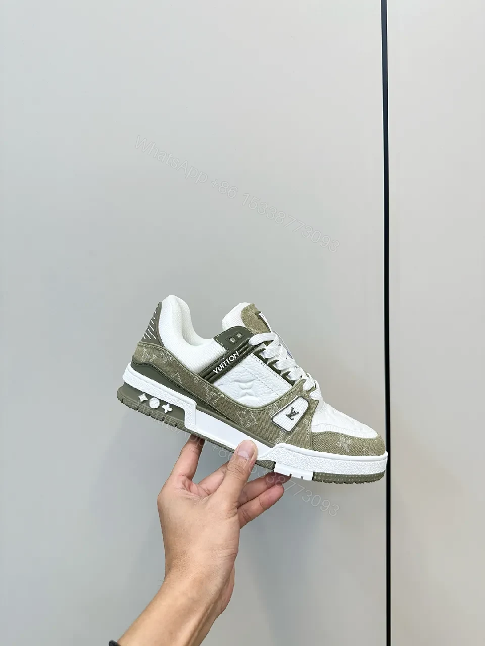 View 9 of White & Olive Luxury Sneakers: Modern Texture, Subtle LV-Inspired Details