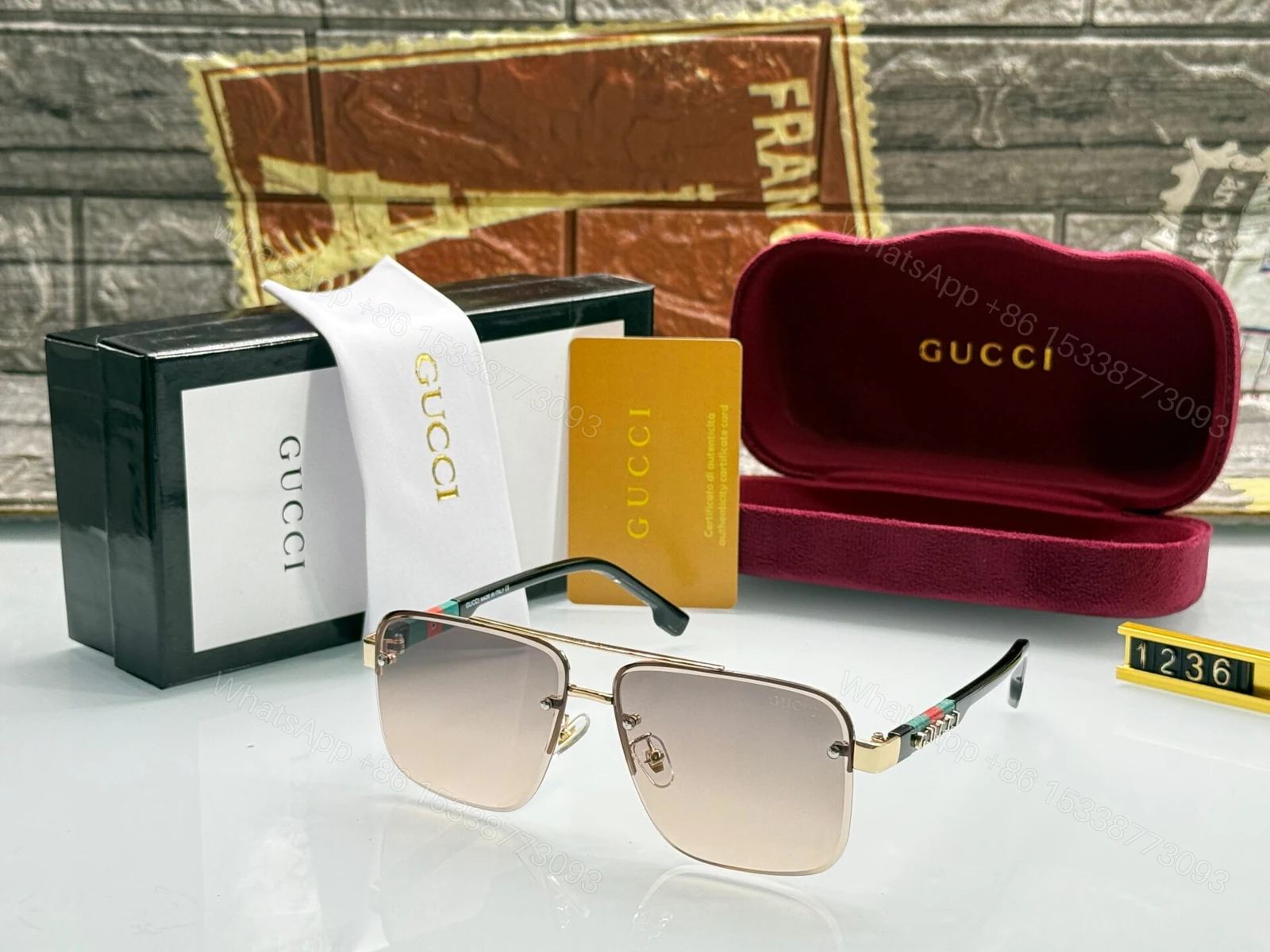 View 2 of Gucci Square Aviator Gold-Brown Sunglasses
