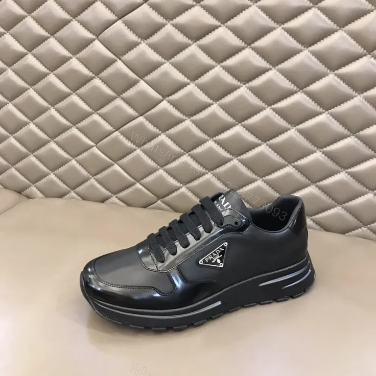 View 9 of Prada Black Leather Patent-Panel Sneakers, Discreet Luxury