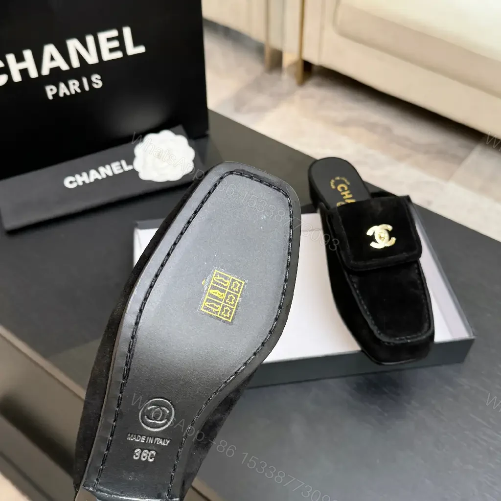 View 7 of Black Suede Slip-Ons with Gold Chanel Logo Moccasins
