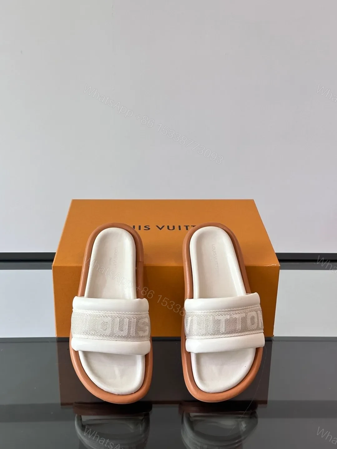 View 6 of LV Men Beige Fabric Slides With Brown Sole
