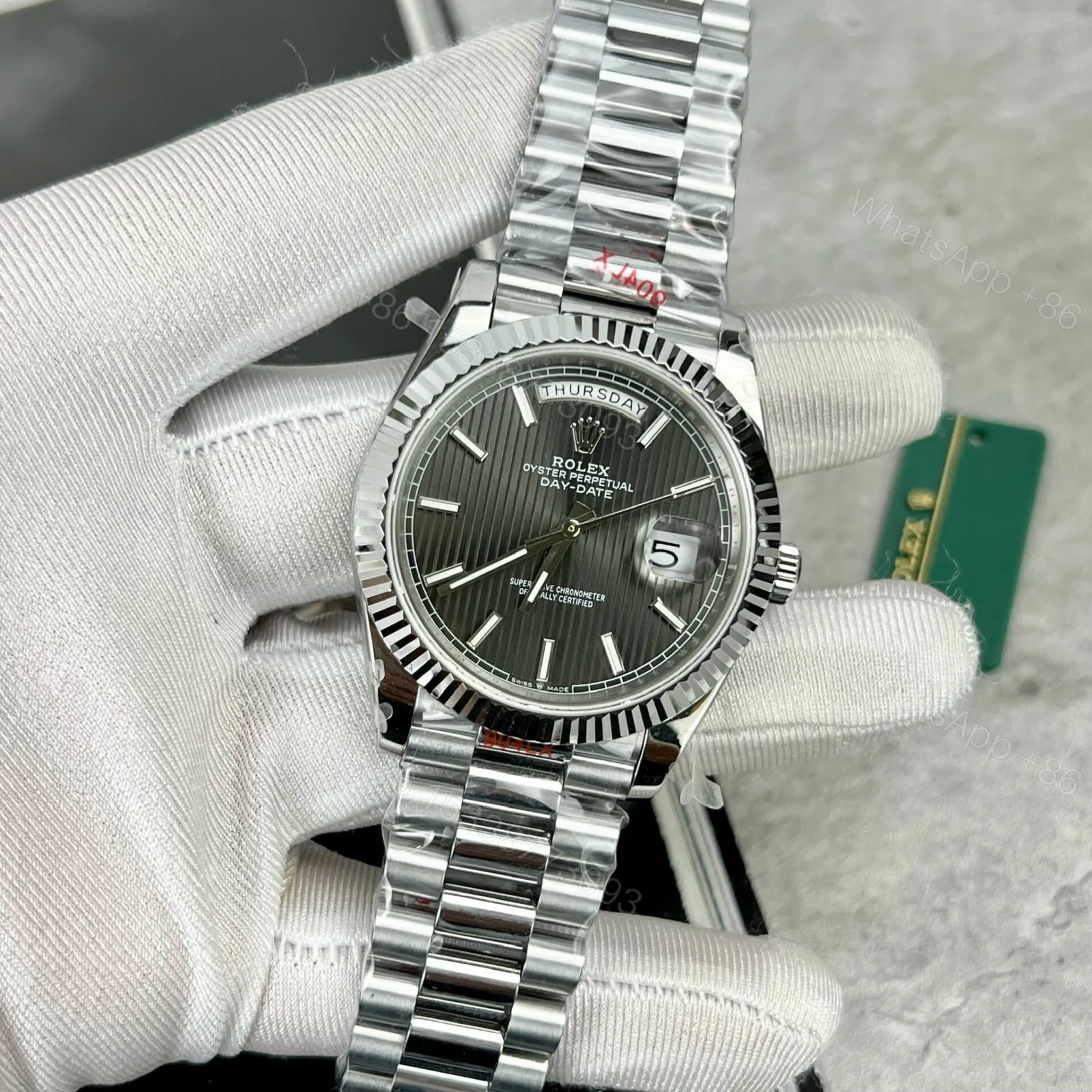 View 3 of Superclone Rolex Day-Date Grey Stick Tapestry Dial 228239-0002 40 mm