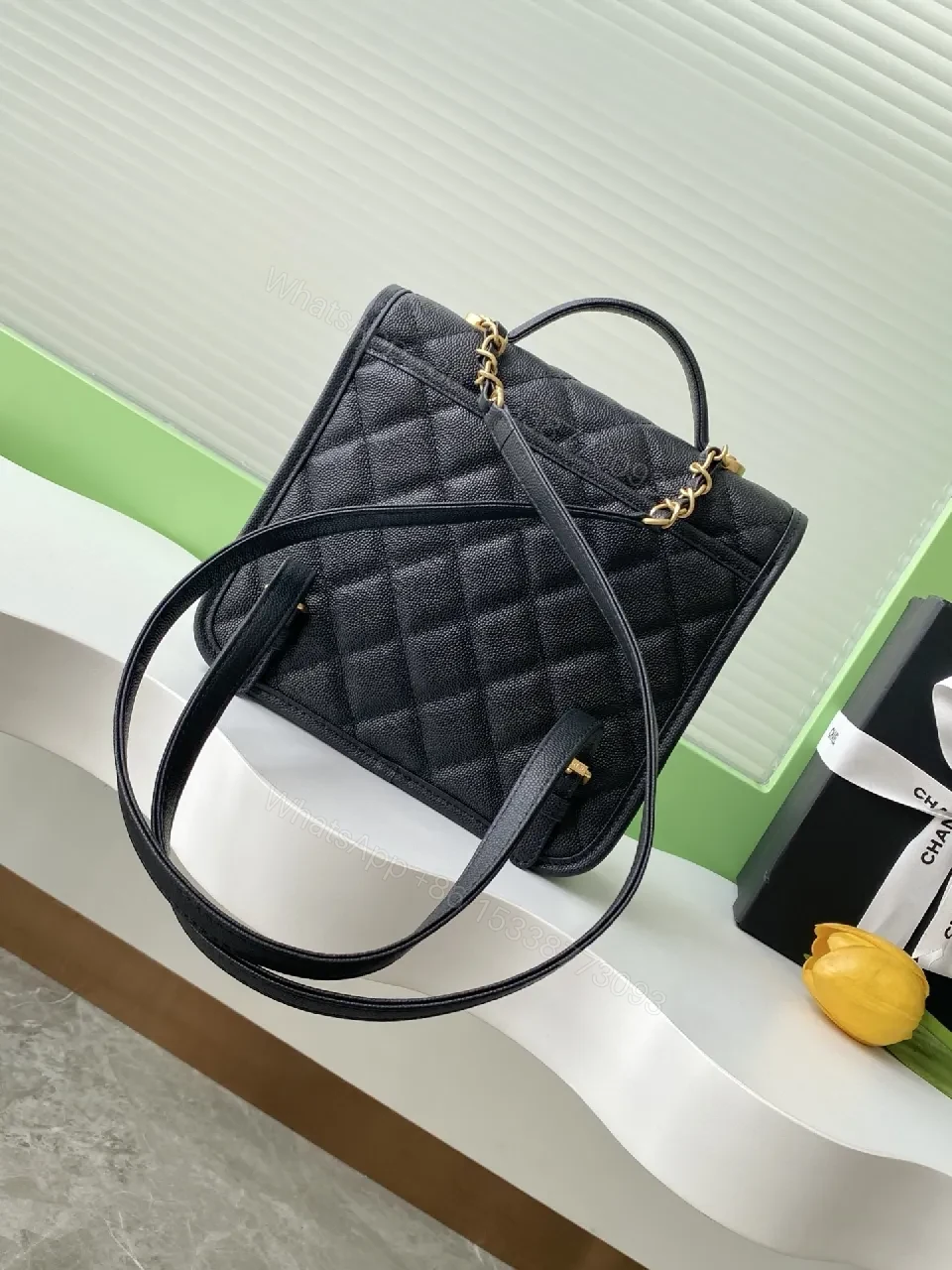 View 5 of Black Leather Quilted Crossbody Bag: Gold Hardware, Structured Style