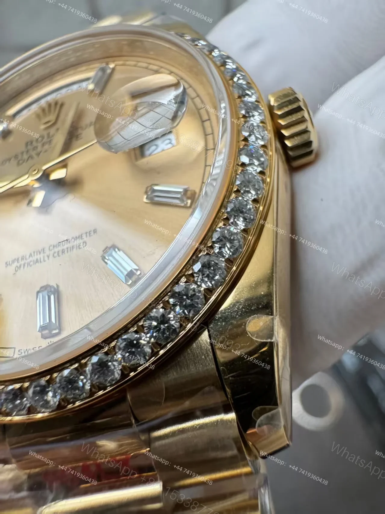 View 6 of Rolex Day-Date M228348RBR-0002 1:1 Replica Moissanite Bezel Gold Dial 40MM 3255 Movement Super Clone Watch