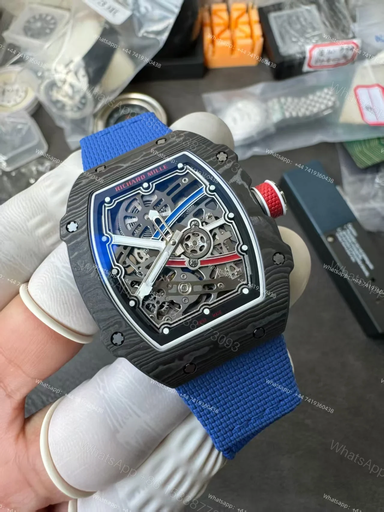 View 6 of Super Clone Richard Mille RM67-02 Carbon TPT Skeleton Tourbillon 1:1 Replica Watch with Blue Strap