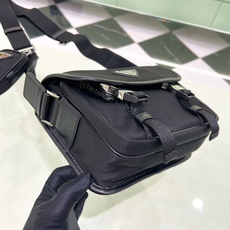 View 5 of Black Nylon Compact Messenger with Prada Logoâ€”Premium Designer Style