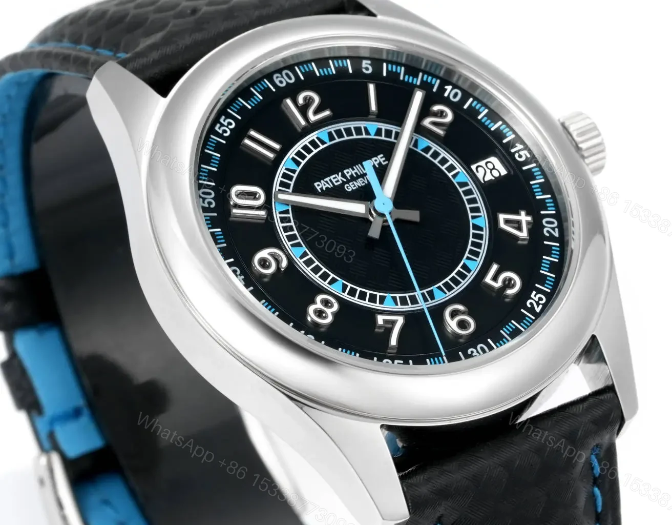 View 4 of Patek Philippe Calatrava 40mm Stainless Steel Watch with Black Dial and Blue Accents Ref. 6007G-010