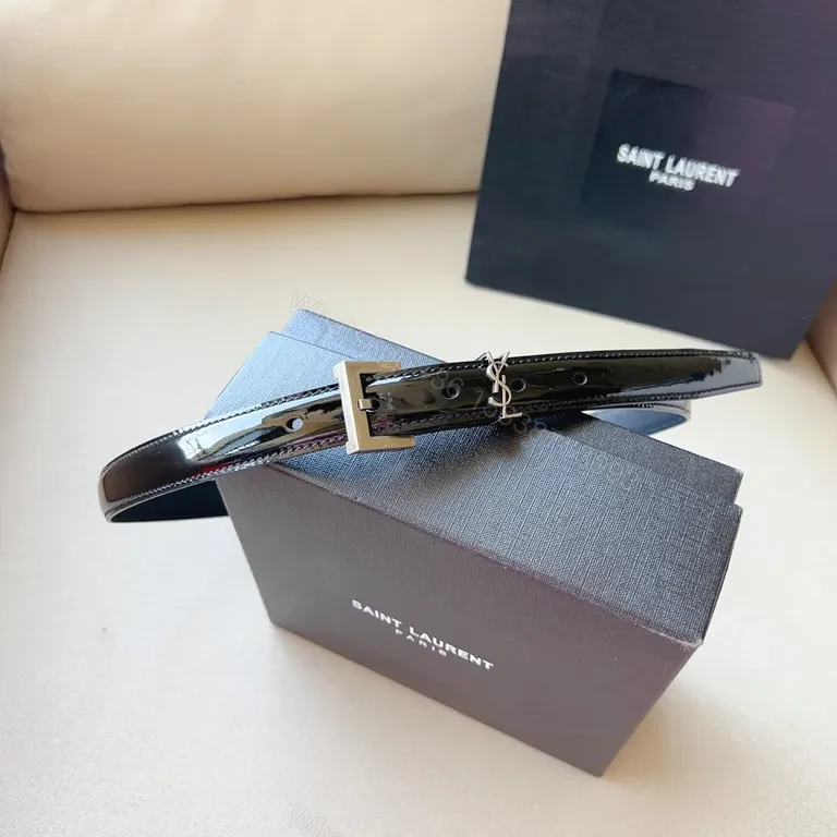 View 5 of Black Patent Belt with YSL Buckle â€” Parisian Minimalist Luxury Belt