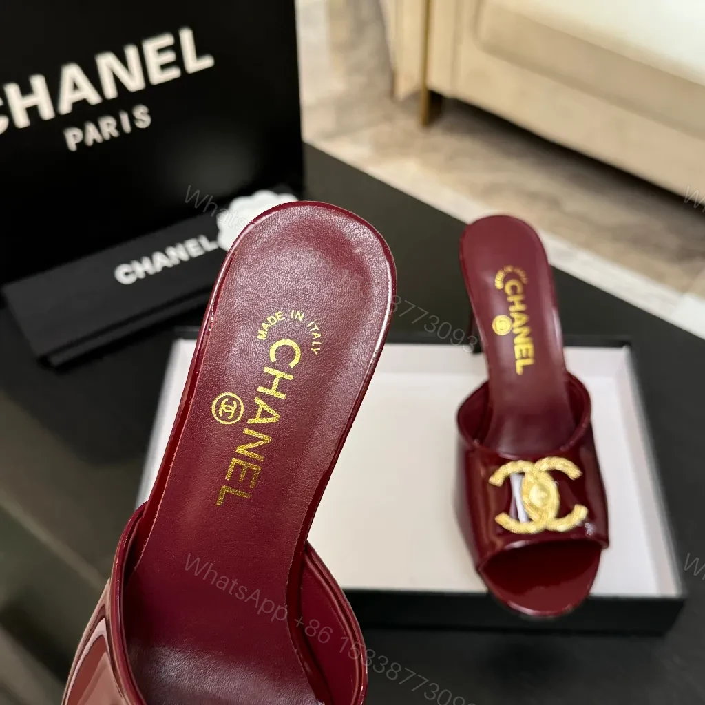 View 4 of Red Patent Mule with Gold Chain - Lux Open-Toe Style Mule