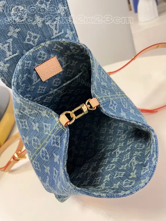 View 8 of Blue Denim Monogram Backpack - Gold Hardware, Imitation LV Style