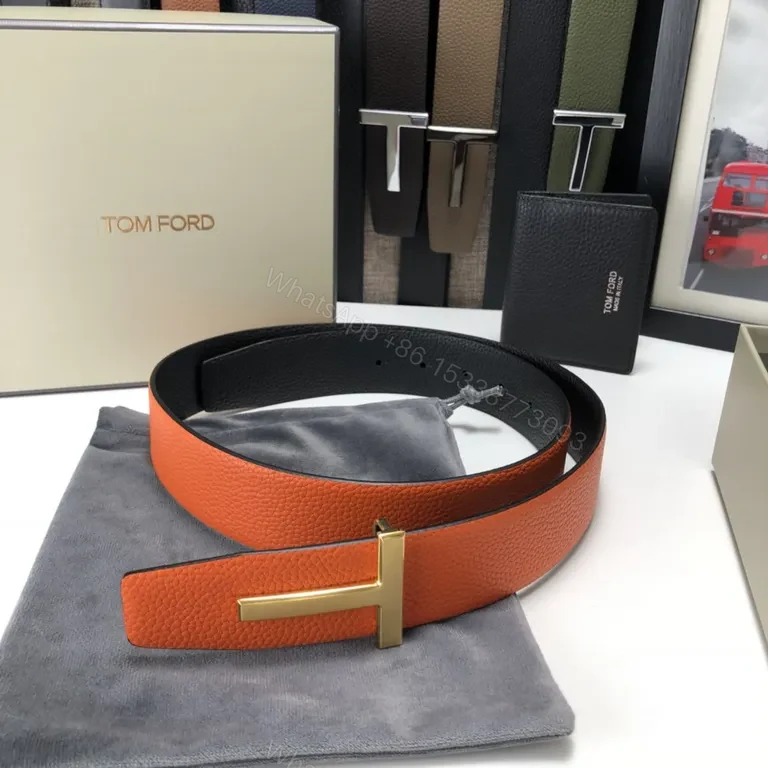 View 3 of Tom Ford Orange Leather Belt with Gold-T Buckle - Luxury Signature Gift
