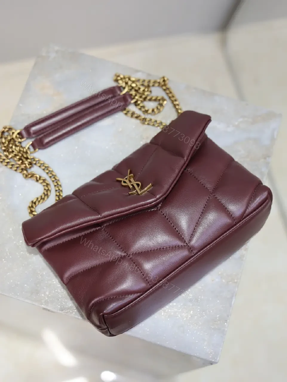 View 4 of Quilted Burgundy Leather Shoulder Bag with Gold Hardware