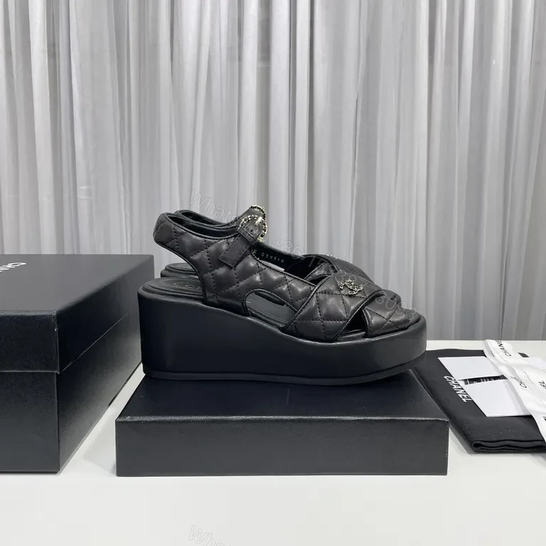 View 9 of Chanel-Inspired Quilted Platform Sandals â€“ Black, Gold Hardware