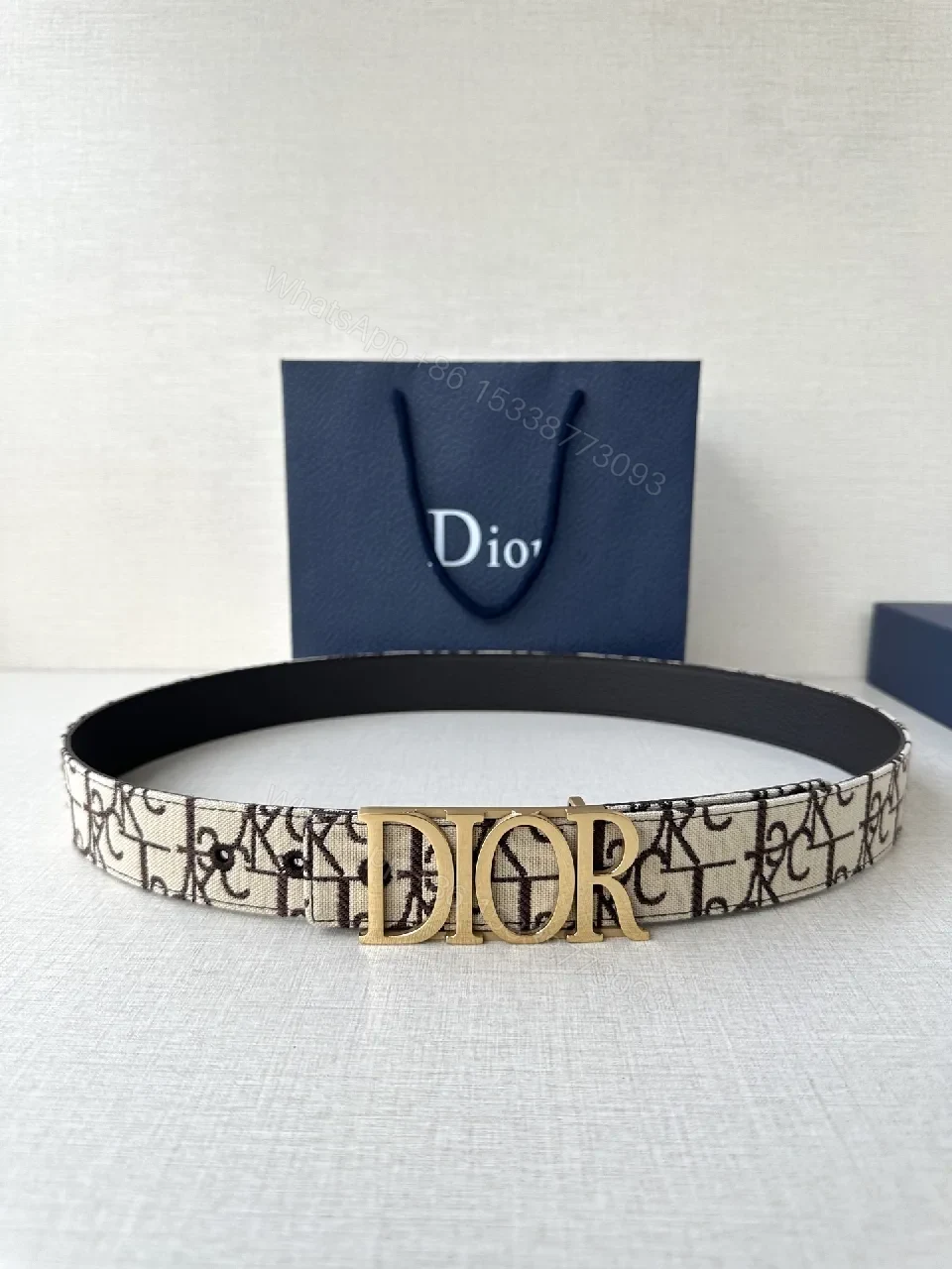 Monogram Canvas Belt with Gold Logo Buckle, Black Interior — view 1