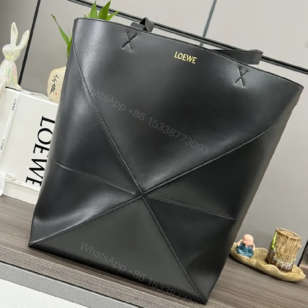 View 6 of Black Leather Structured Tote with Geometric Panels & Gold LOEWE Logo