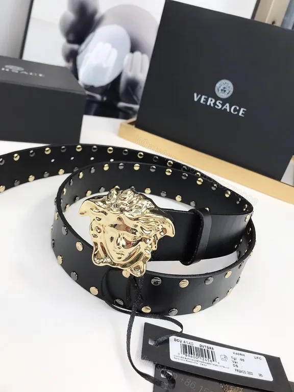 View 5 of Statement Belt: Black Leather, Medusa Buckle, Gold Studs, Luxury